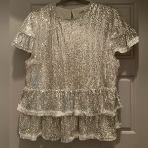 Anthropologie English Rose Dressy sequin Top silver sparkle sz Large